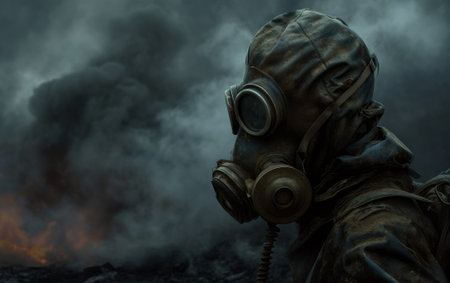 Man in gas mask with smoke on background. 3D rendering.の素材