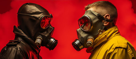 Two people in gas masks on a red background. Coronavirus concept.の素材