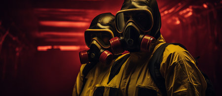Portrait of a fireman wearing a gas mask in a dark corridorの素材