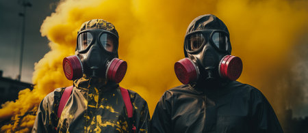 Two men in gas masks and respirators on the background of yellow smokeの素材