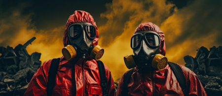 Two people in gas masks and red raincoat looking at each other against cloudy skyの素材