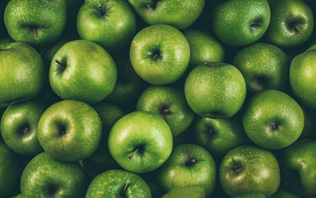 Green apples background. Top view. Flat lay. Close up.の素材