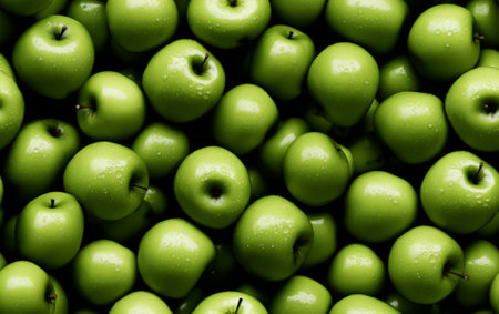Background of green apples with water droplets. Close-up.の素材