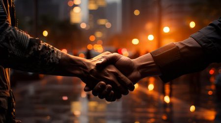 Close-up of business people shaking hands in the city at nightの素材