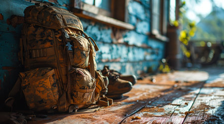 Backpack and boots on the background of an old wooden house.の素材