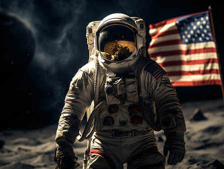Astronaut in spacesuit on the background of the American flag.の素材