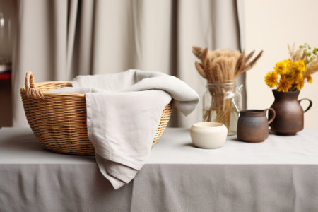 Wicker basket with clean towels on table in room, closeupの素材