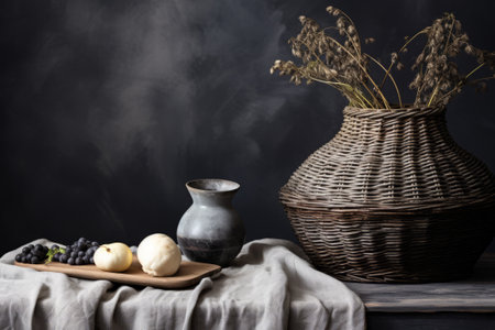 Still life with a wicker vase of dried flowers on a dark backgroundの素材