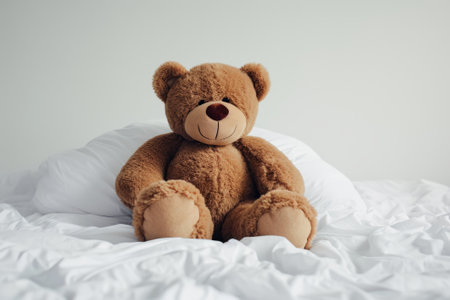 Teddy bear on white bed, soft focus background, vintage toneの素材