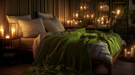 Luxury bedroom with green bedding and candles. 3d renderingの素材