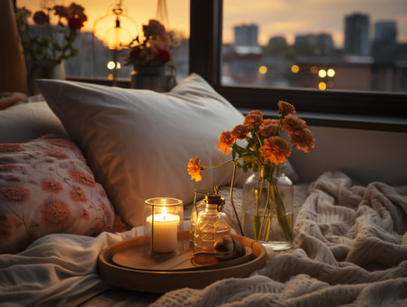 Romantic still life with candles and bouquet of flowers on the windowsillの素材