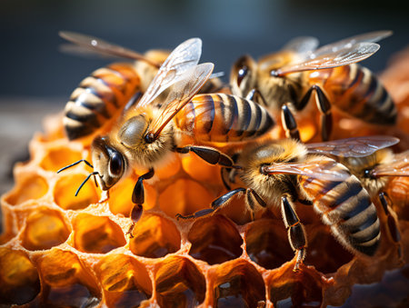 Close up view of the working bees on honeycells. Macro photography of bees on honeycells.の素材