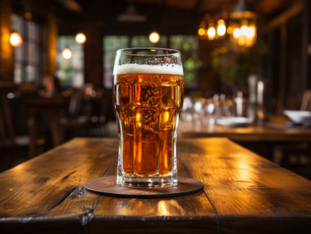 Glass of beer on a wooden table in a pub or restaurant.の素材