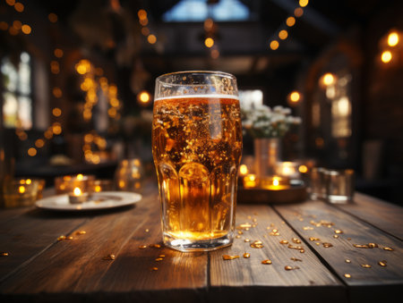 Glass of beer on wooden table in pub, closeup. Space for textの素材