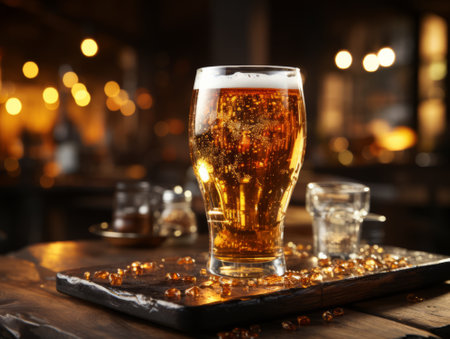 Glass of beer on table in pub, closeup. Alcohol drinkの素材
