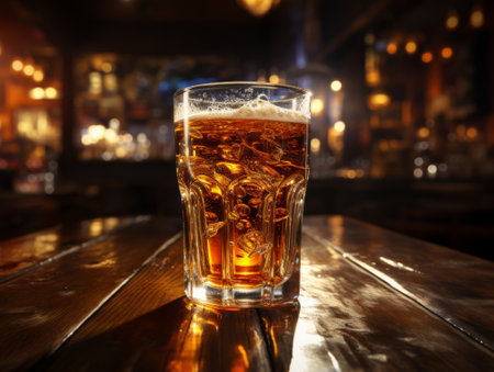 Glass of beer with ice on wooden table in pub, tonedの素材