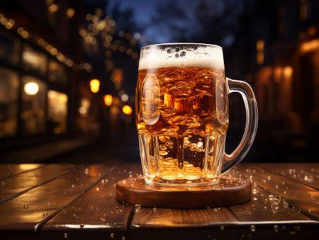 Mug of beer on a wooden table in the street at nightの素材