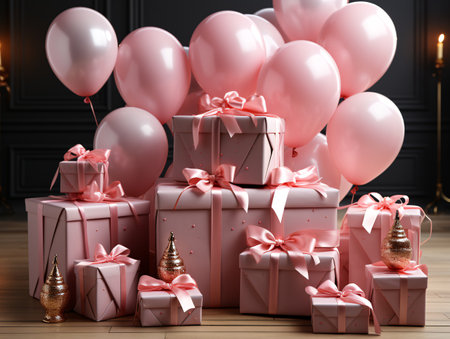 Pink gift boxes with pink ribbons and balloons. 3d renderingの素材