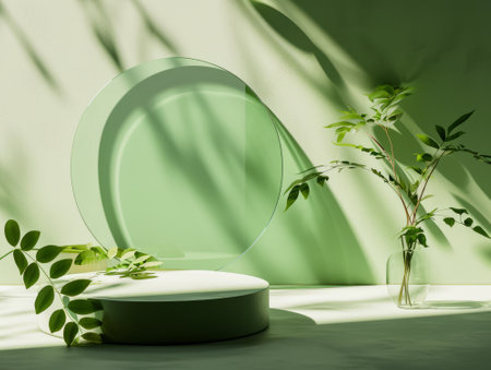 Minimal scene with green round podium and plant. 3D renderingの素材