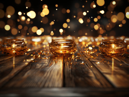 Glasses of whiskey on wooden table with golden bokeh backgroundの素材