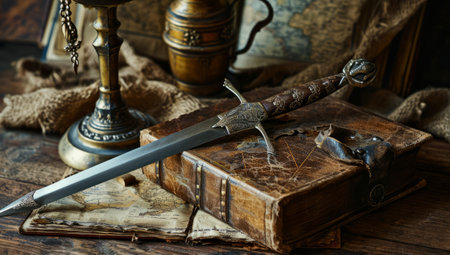 Vintage still life with a dagger and an old book on a wooden tableの素材