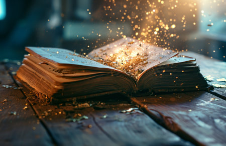 Open old book with golden dust on a wooden table in the sunlightの素材
