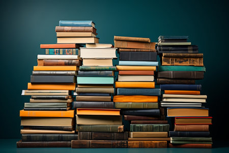 Pile of old books on a green background. Toned.の素材