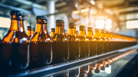 Bottles of beer on a conveyor belt in a factory.の素材