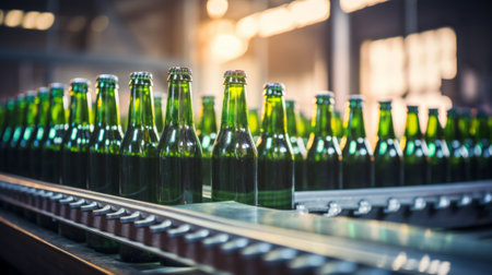 Bottles of beer on conveyor belt in factory, closeupの素材