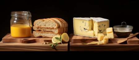 Cheese collection, variety of cheeses on wooden board and black backgroundの素材