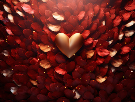 Valentines day background with golden heart and red petals.の素材