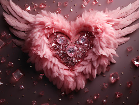 Valentine's day background with heart made of pink feathers and crystalsの素材