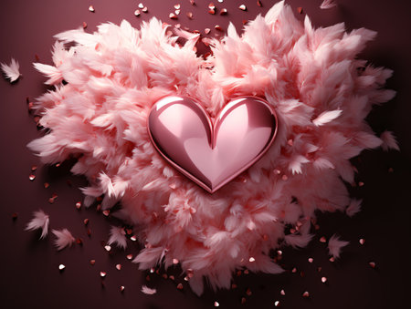 Valentines Day background with pink heart and feathers. 3d renderingの素材