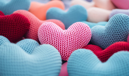 Colorful knitted hearts background, close up, selective focus.の素材