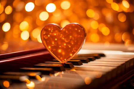 Piano keys and heart on bokeh background, valentine's day conceptの素材