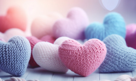 Colorful knitted hearts on white wooden table, soft focus backgroundの素材