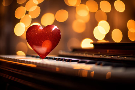 Red heart on piano with bokeh background, valentines day conceptの素材
