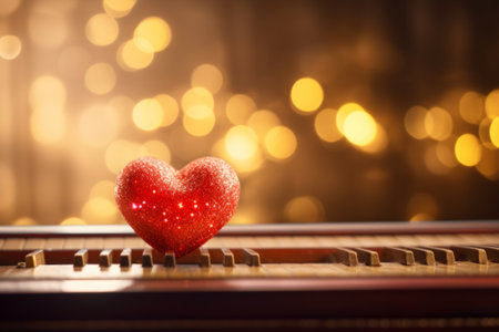 Red heart on piano keyboard with bokeh background. Valentine's day concept.の素材