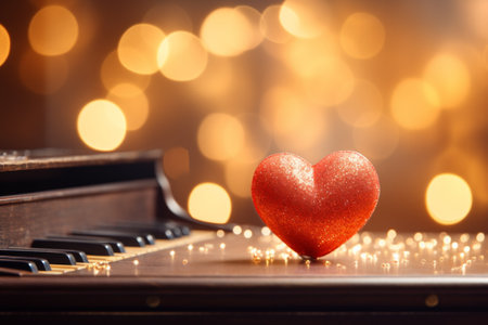 Red heart and piano keyboard on bokeh background. Valentines day conceptの素材