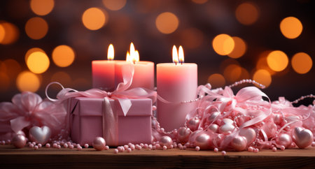 Romantic still life with candles and gift boxes on bokeh backgroundの素材