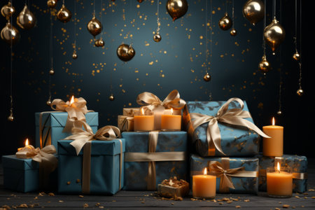 Beautiful gift boxes with burning candles and Christmas balls on dark backgroundの素材
