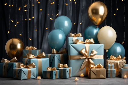 Beautiful gift boxes with balloons on table against blurred lights, closeupの素材