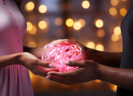 people, homosexuality, same-sex marriage, same-sex marriage and love concept - close up of happy lesbian couple holding hands over heart shaped lights backgroundの素材