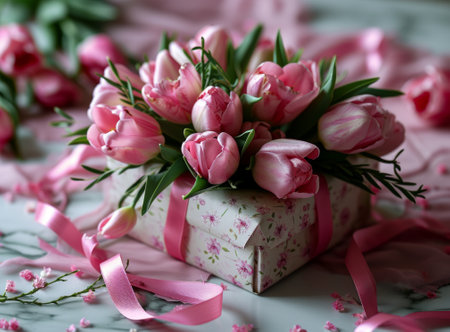 Pink tulips in a gift box on a white marble table.の素材