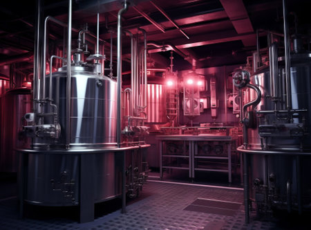 3d render of a modern brewery interior with pipes and tanks.の素材