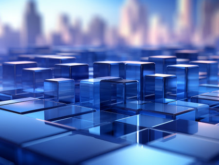 Abstract background with blue glass cubes. 3d illustration. Render.の素材