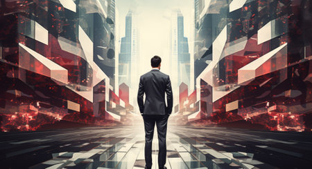 Rear view of businessman standing in abstract city with double exposure of mapの素材