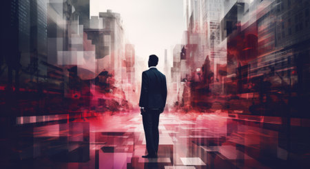 Businessman looking at abstract cityscape with double exposure effect. Double exposureの素材