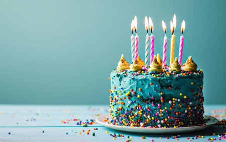 Birthday cake with candles on blue background. Selective focus.の素材