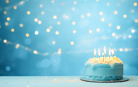 Birthday cake with burning candles on blue background with bokehの素材